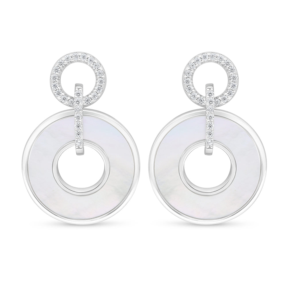 Sterling Silver 925 Earring Rhodium Plated Embedded With White shell And White Zircon