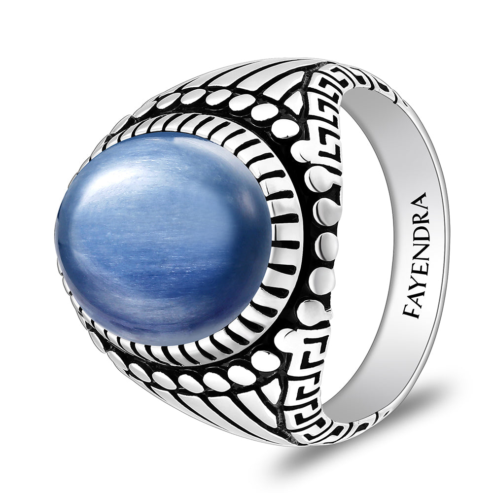 Sterling Silver 925 Ring Rhodium And Black Plated Embedded With Natural Kyanite Cabochon For Men