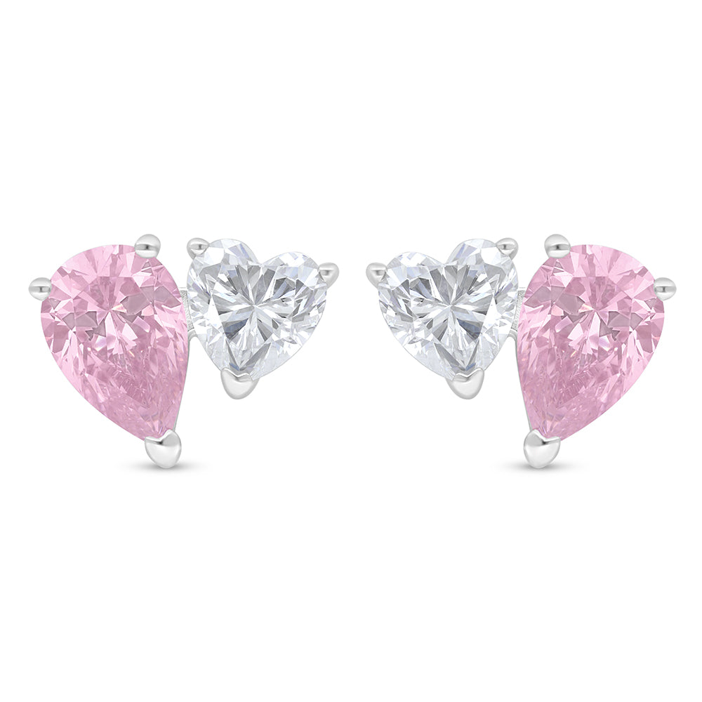 Sterling Silver 925 Earring Rhodium Plated Embedded With Pink Zircon And White Zircon