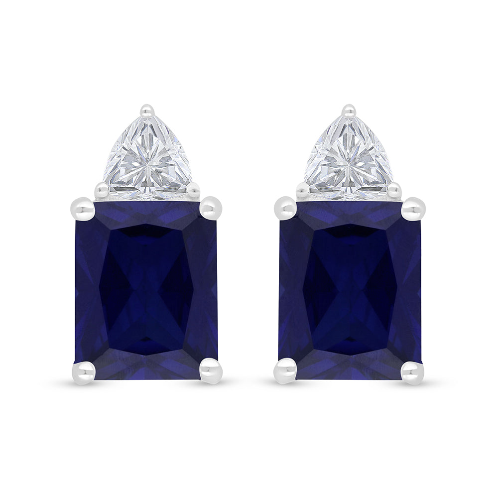 Sterling Silver 925 Earring Rhodium Plated Embedded With Sapphire Corundum And White Zircon