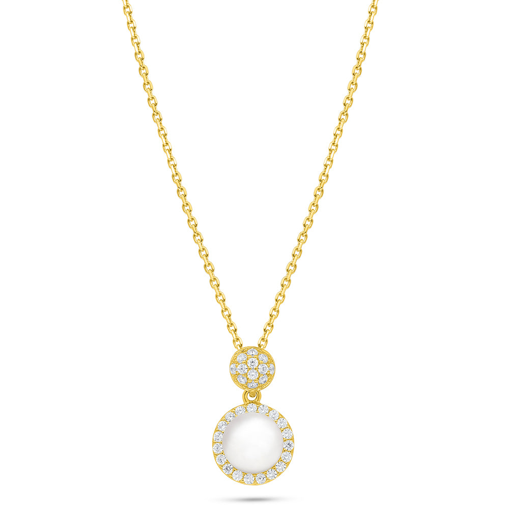 Sterling Silver 925 Necklace Golden Plated Embedded With Natural White Pearl And White Zircon