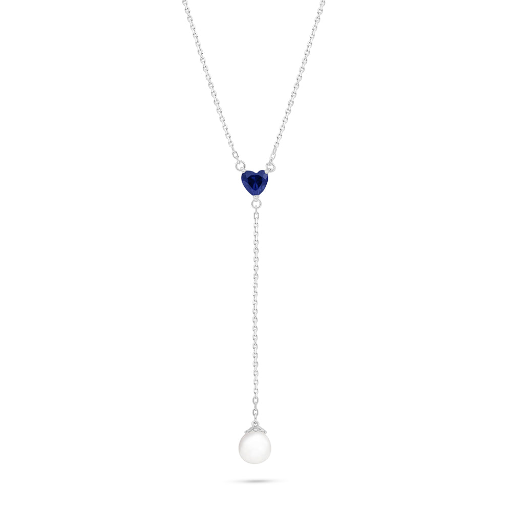 Sterling Silver 925 Necklace Rhodium Plated Embedded With Natural White Pearl And Sapphire Corundum