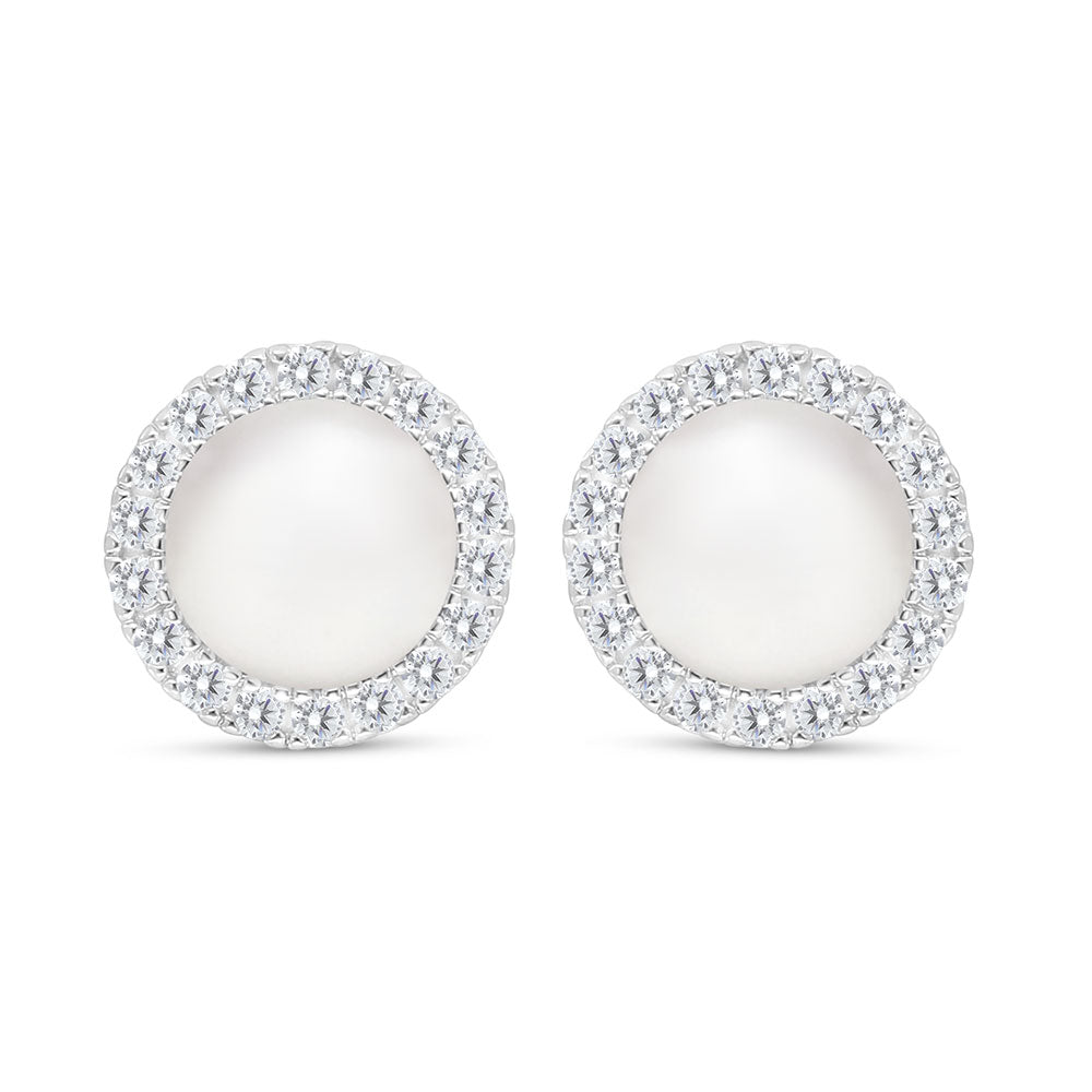 Sterling Silver 925 Earring Rhodium Plated Embedded With White Shell Pearl And White CZ