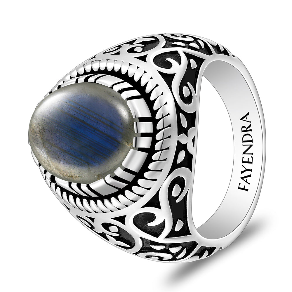 خاتم رجالي من الفضة الخالصة عيار 925 مطلي روديوم و اسود مرصع احجار لابرادوريت اوبالي كابشون