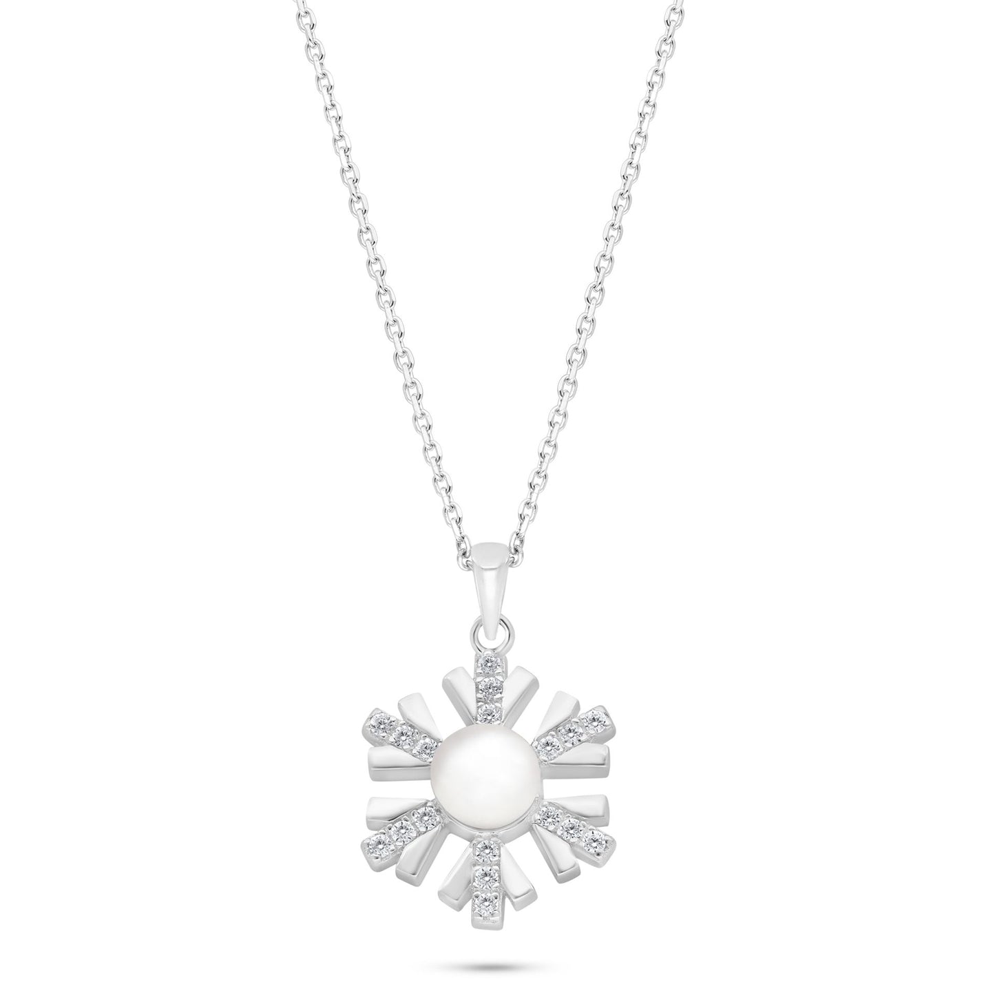 Sterling Silver 925 Necklace Rhodium Plated Embedded With Natural White Pearl And White Zircon