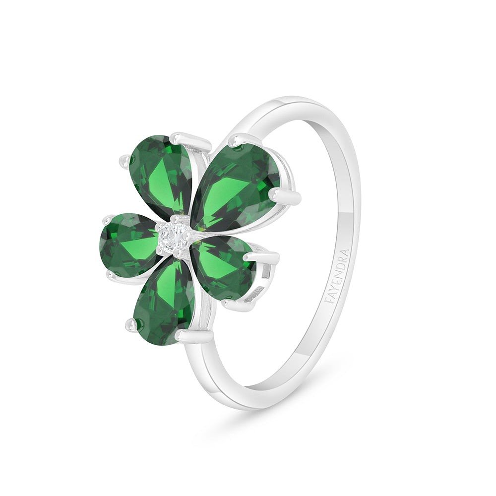 Sterling Silver 925 Ring Rhodium Plated Embedded With Emerald Zircon And White Zircon