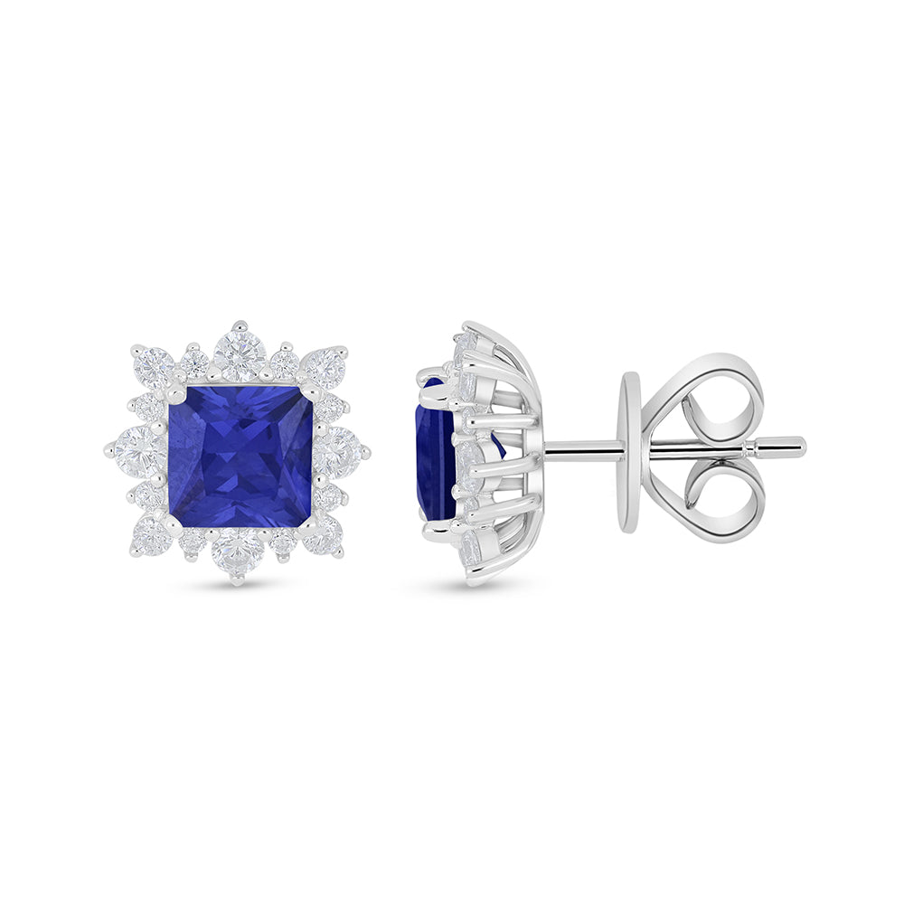 Sterling Silver 925 Earring Rhodium Plated Embedded With Sapphire Corundum And White Zircon