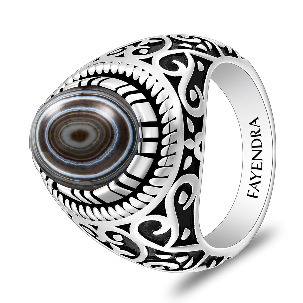 خاتم رجالي من الفضة الخالصة عيار 925 مطلي روديوم و اسود مرصع احجار عقيق سليماني كابشون