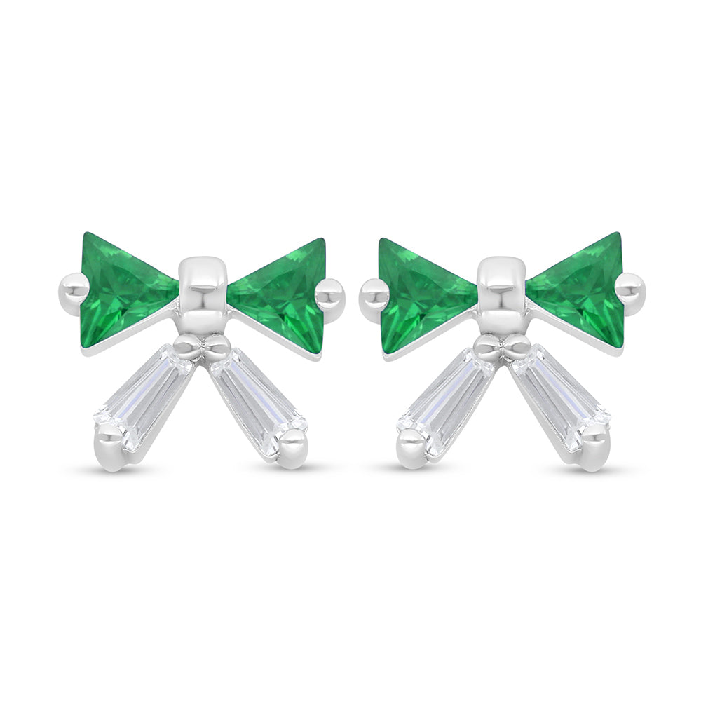 Sterling Silver 925 Earring Rhodium Plated Embedded With Emerald Zircon And White Zircon