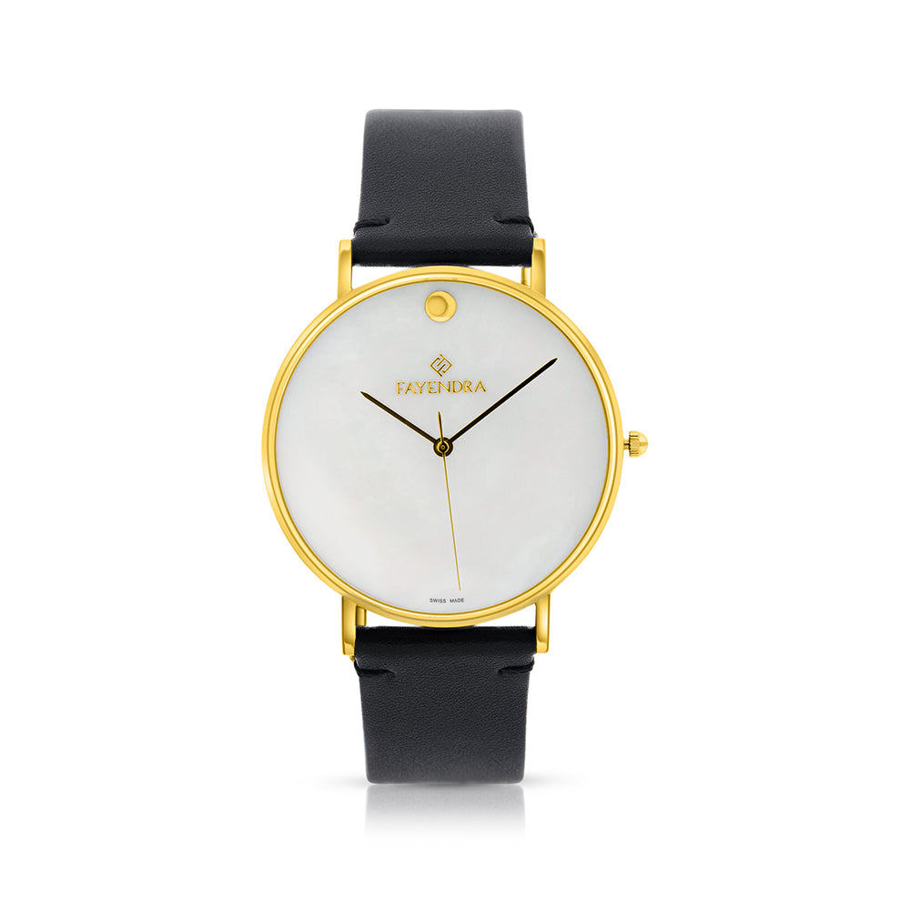Stainless Steel 316 Watch Golden Color Embedded With Black Leather - WHITE MOP DIAL