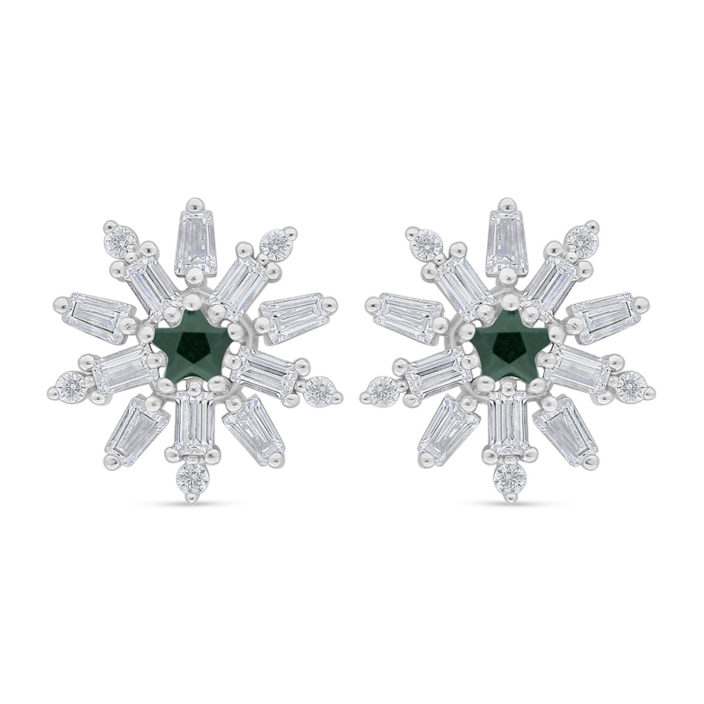 Sterling Silver 925 Earring Rhodium Plated Embedded With Emerald Zircon And White Zircon