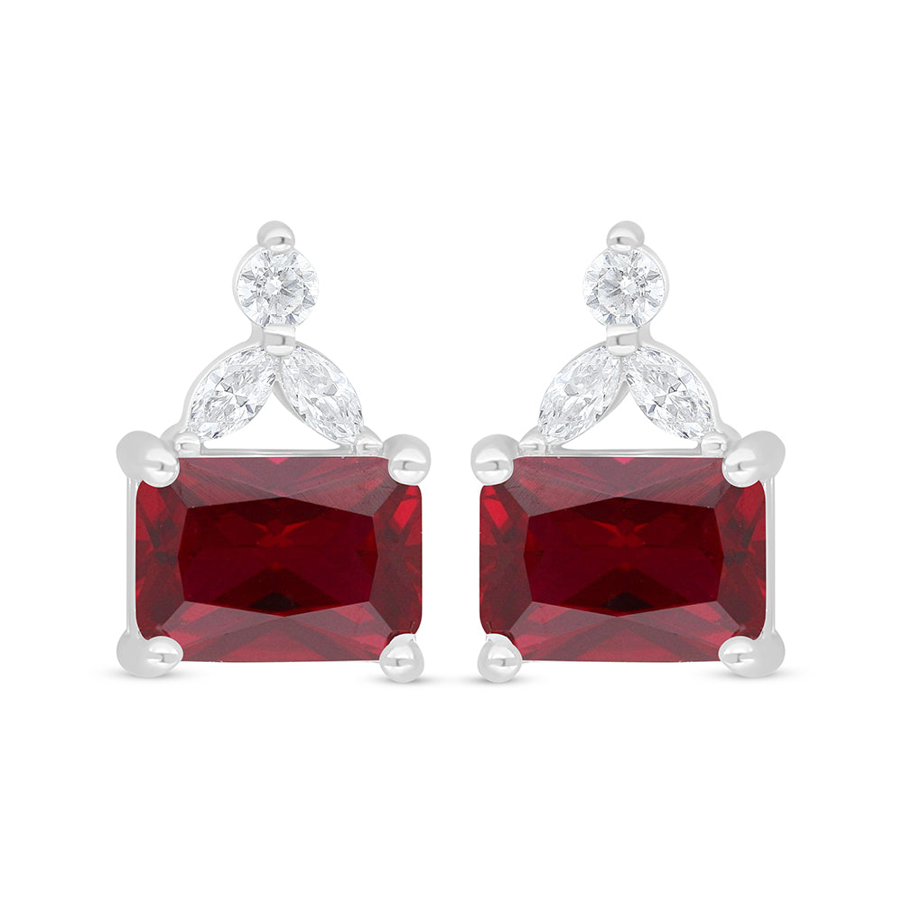 Sterling Silver 925 Earring Rhodium Plated Embedded With Ruby Corundum And White Zircon