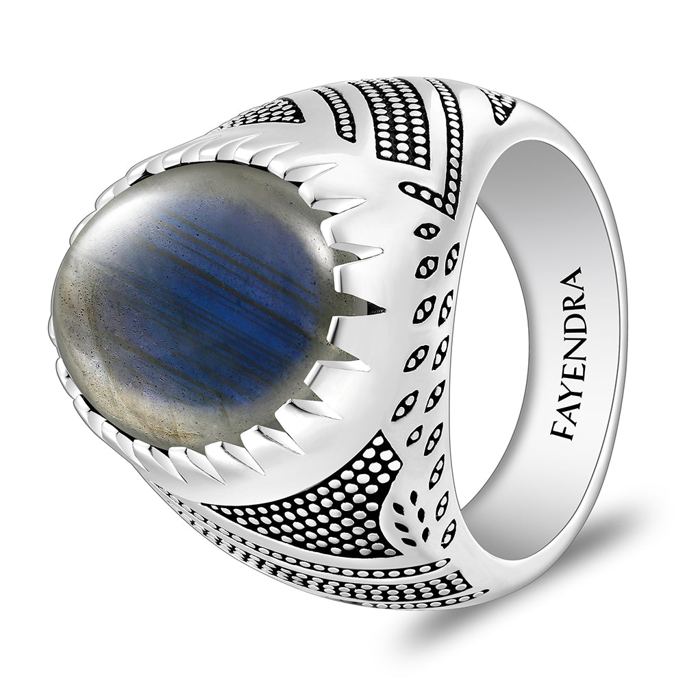 خاتم رجالي من الفضة الخالصة عيار 925 مطلي روديوم و اسود مرصع احجار لابرادوريت اوبالي كابشون