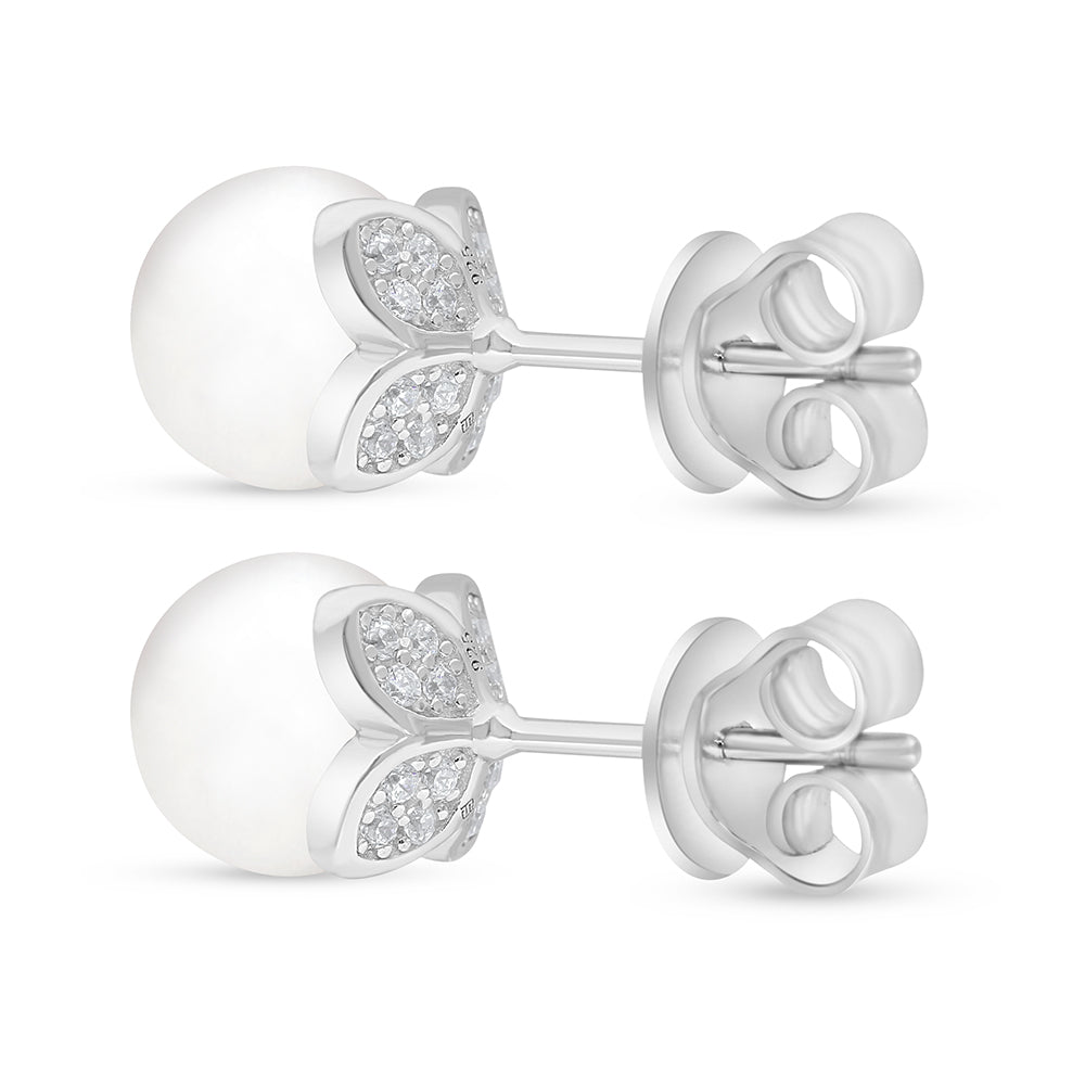Sterling Silver 925 Earring Rhodium Plated Embedded With Natural White Pearl And White Zircon