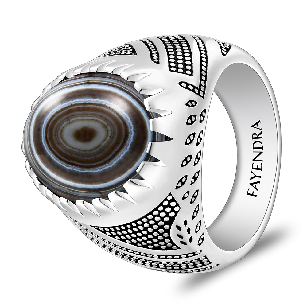 خاتم رجالي من الفضة الخالصة عيار 925 مطلي روديوم و اسود مرصع احجار عقيق سليماني كابشون