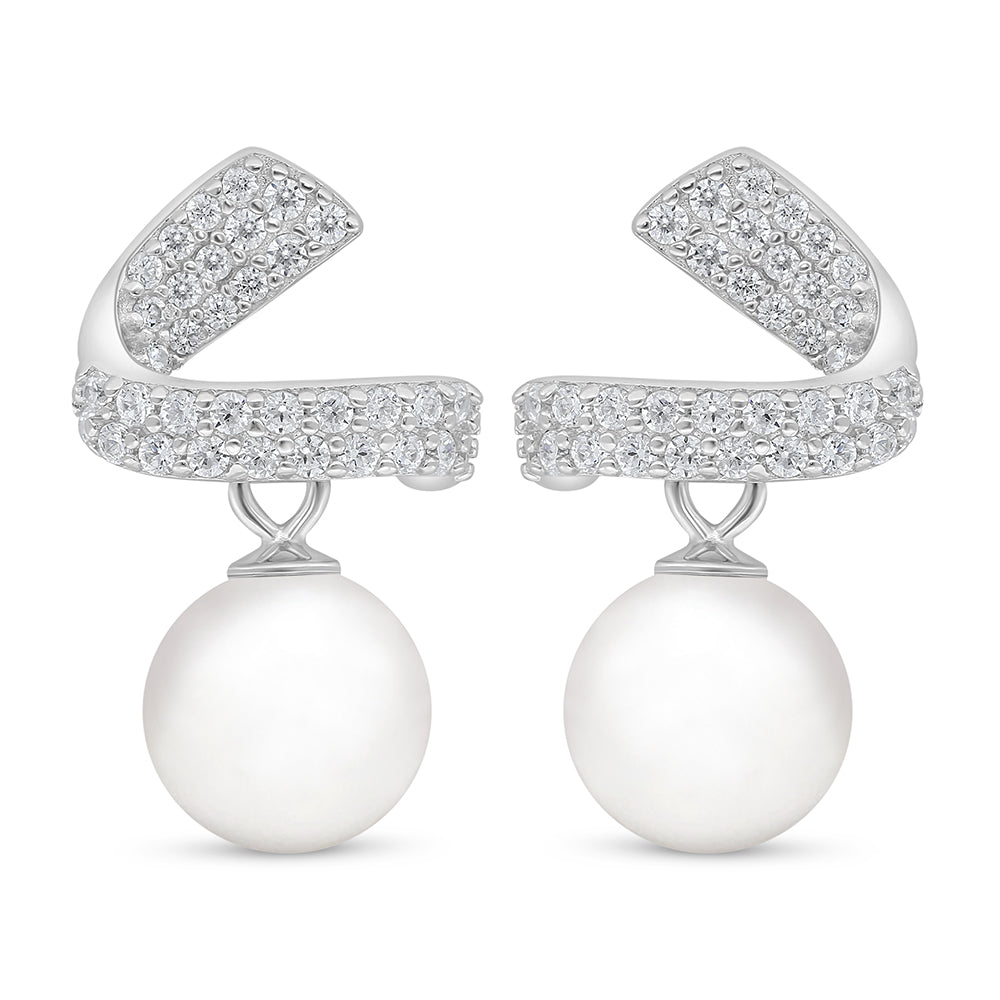 اقراط من الفضة الخالصة عيار 925 مطلية روديوم مرصعة لولو ابيض طبيعي و فص ابيض