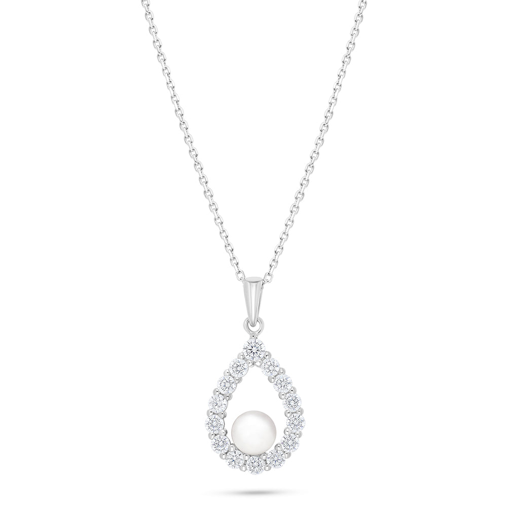 Sterling Silver 925 Necklace Rhodium Plated Embedded With Natural White Pearl And White Zircon