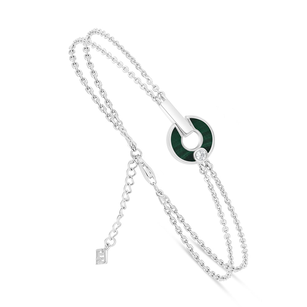 Sterling Silver 925 Bracelet Rhodium Plated Embedded With Malachite Stones And White Zircon