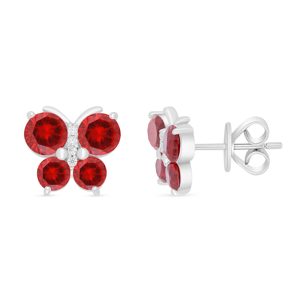 Sterling Silver 925 Earring Rhodium Plated Embedded With Ruby Corundum And White Zircon