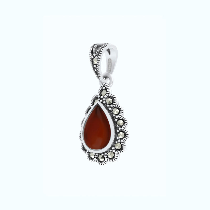 Sterling Silver 925 Pendant Embedded With Natural Aqiq And Marcasite Stones