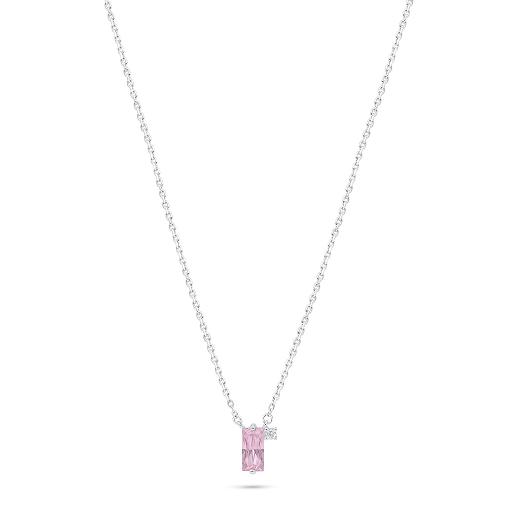 Sterling Silver 925 Necklace Rhodium Plated Embedded With Pink Zircon And White Zircon