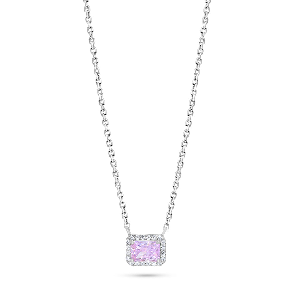 Sterling Silver 925 Necklace Rhodium Plated Embedded With Pink Zircon And White Zircon
