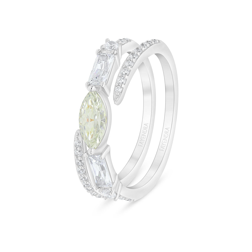 Sterling Silver 925 Ring Rhodium Plated Embedded With Yellow Diamond And White Zircon