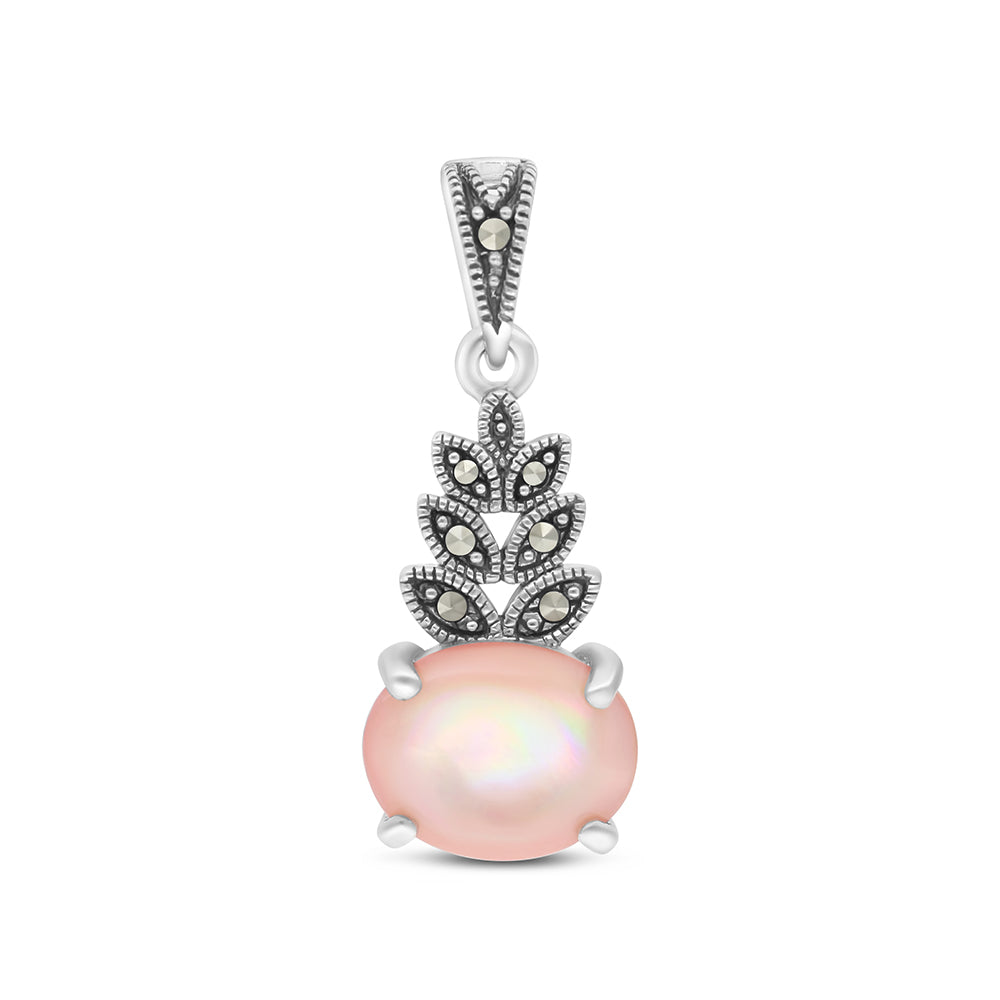 Sterling Silver 925 Pendant Embedded With Natural Pink Shell And Marcasite Stones