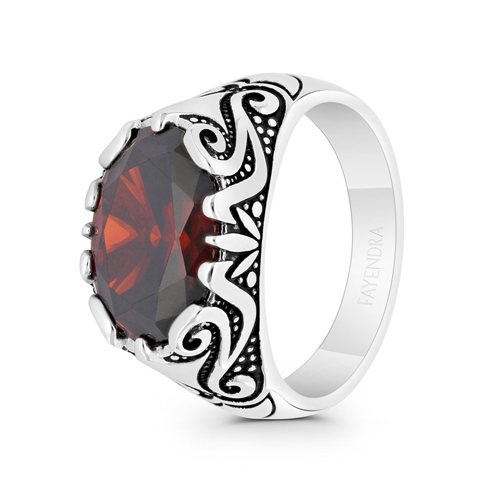 Sterling Silver 925 Ring Rhodium And Black Plated Embedded With Garnet