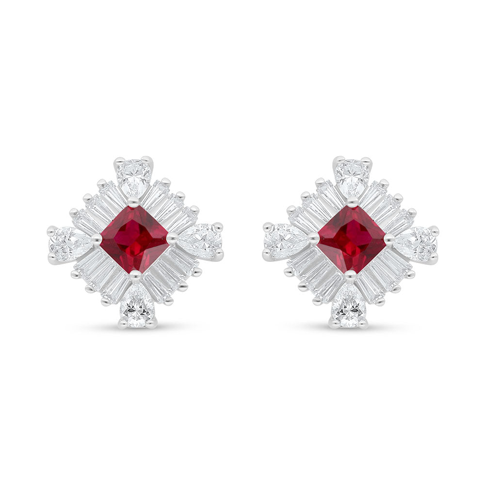 Sterling Silver 925 Earring Rhodium Plated Embedded With Ruby Corundum And White Zircon