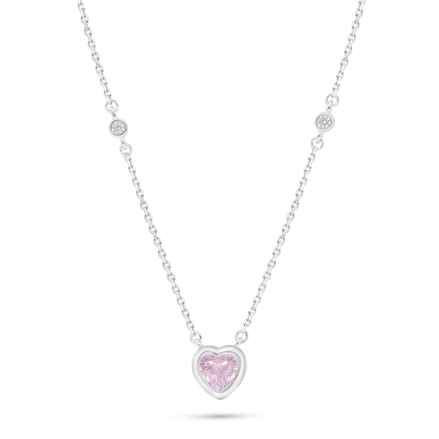 Sterling Silver 925 Necklace Rhodium Plated Embedded With Pink Zircon And White Zircon