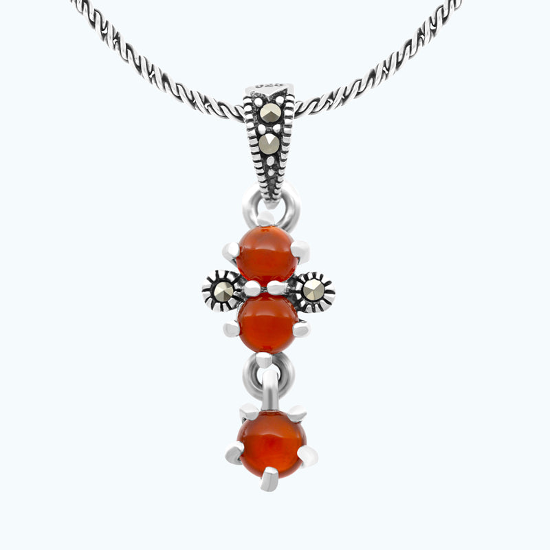 Sterling Silver 925 Pendant Embedded With Natural Aqiq And Marcasite Stones