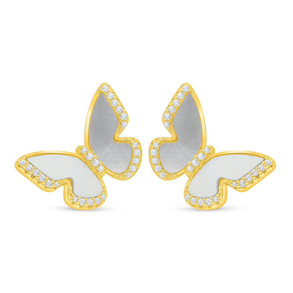 اقراط من الفضة الخالصة عيار 925 مطلية ذهبي مرصعة صدف ابيض و فص ابيض