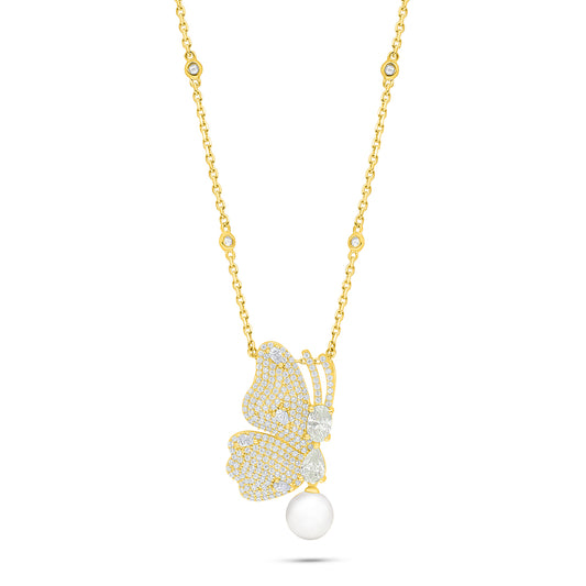 Sterling Silver 925 Necklace Golden Plated Embedded With Natural White Pearl And Yellow Diamond And White Zircon