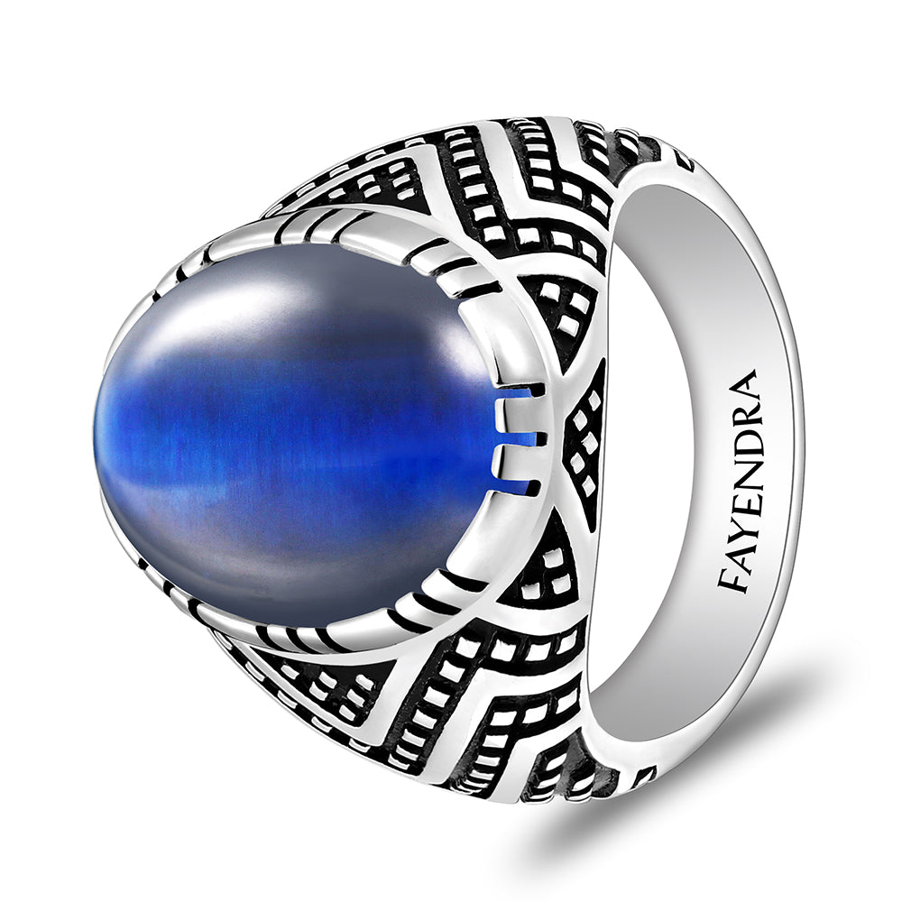 خاتم رجالي من الفضة الخالصة عيار 925 مطلي روديوم و اسود مرصع احجار عين النمر ازرق كابشون