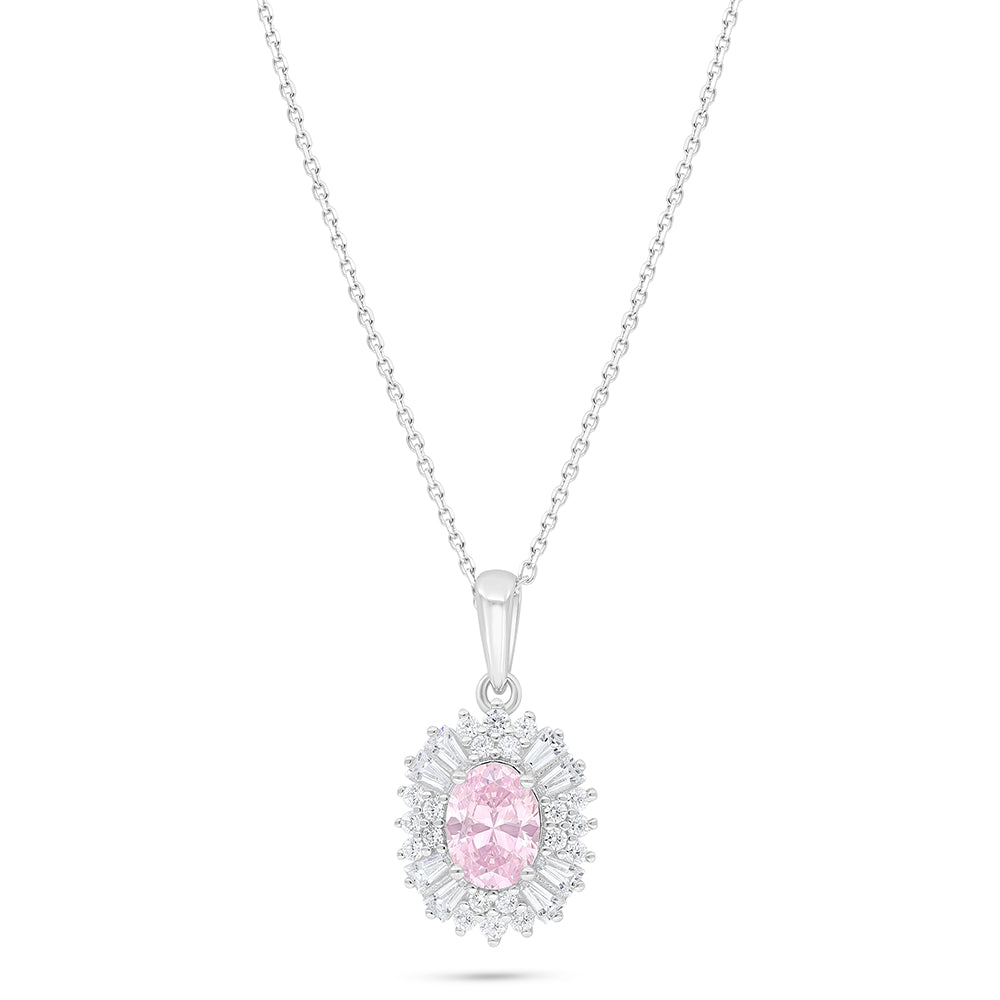 Sterling Silver 925 Necklace Rhodium Plated Embedded With Pink Zircon And White Zircon