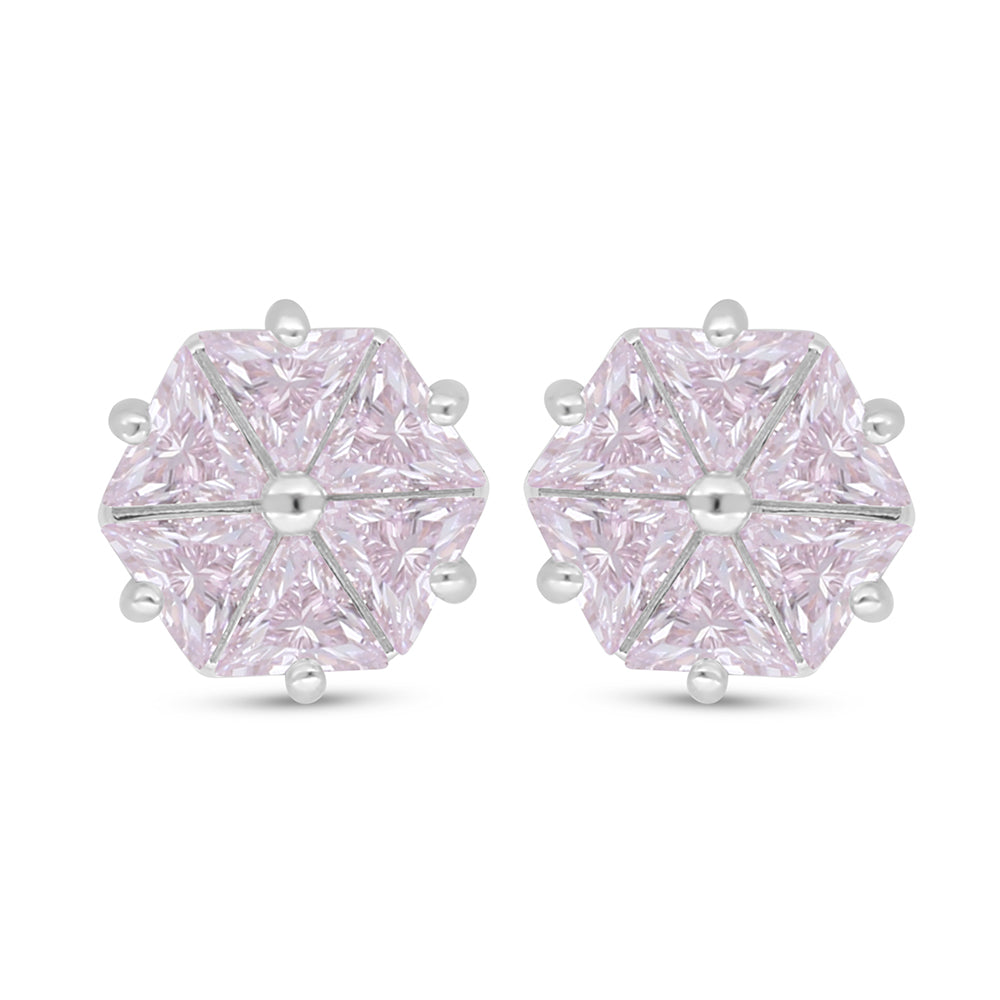 Sterling Silver 925 Earring Rhodium Plated Embedded With Pink Zircon