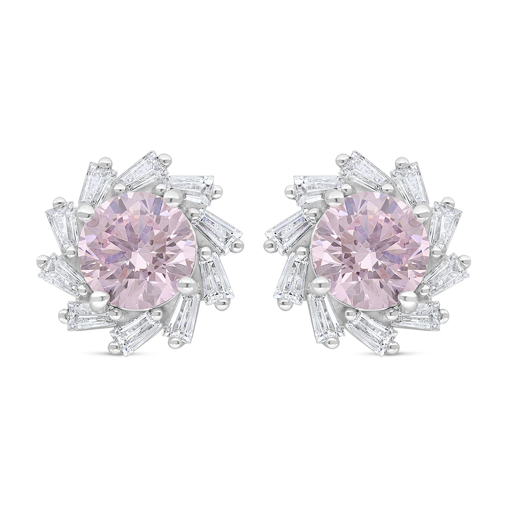 Sterling Silver 925 Earring Rhodium Plated Embedded With Pink Zircon And White Zircon