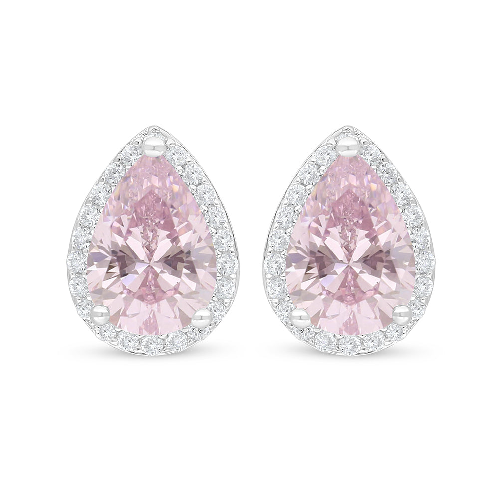 Sterling Silver 925 Earring Rhodium Plated Embedded With Pink Zircon And White Zircon