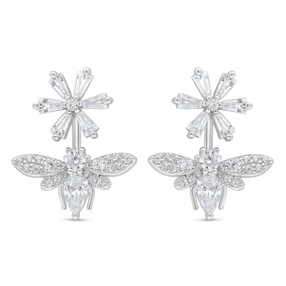 Sterling Silver 925 Earring Rhodium Plated Embedded With White Zircon
