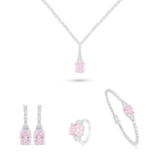 Sterling Silver 925 SET Rhodium Plated Embedded With Pink Zircon And White Zircon