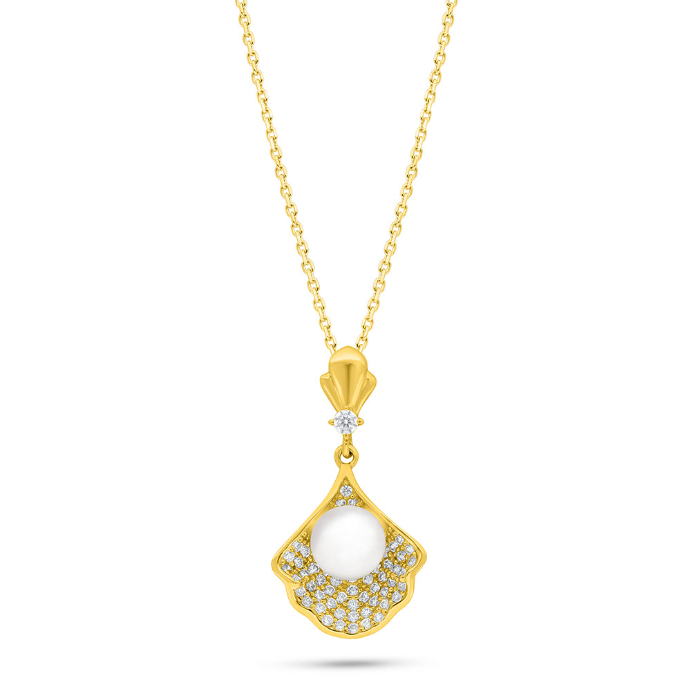 Sterling Silver 925 Necklace Golden Plated Embedded With Natural White Pearl And White Zircon