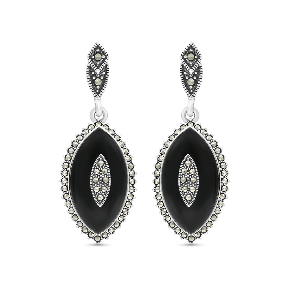 Sterling Silver 925 Earring Embedded With Natural Black Agate And Marcasite Stones