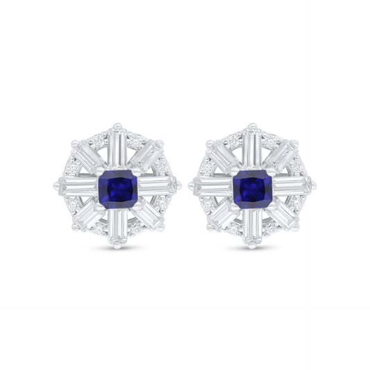 Sterling Silver 925 Earring Rhodium Plated Embedded With Sapphire Corundum And White Zircon