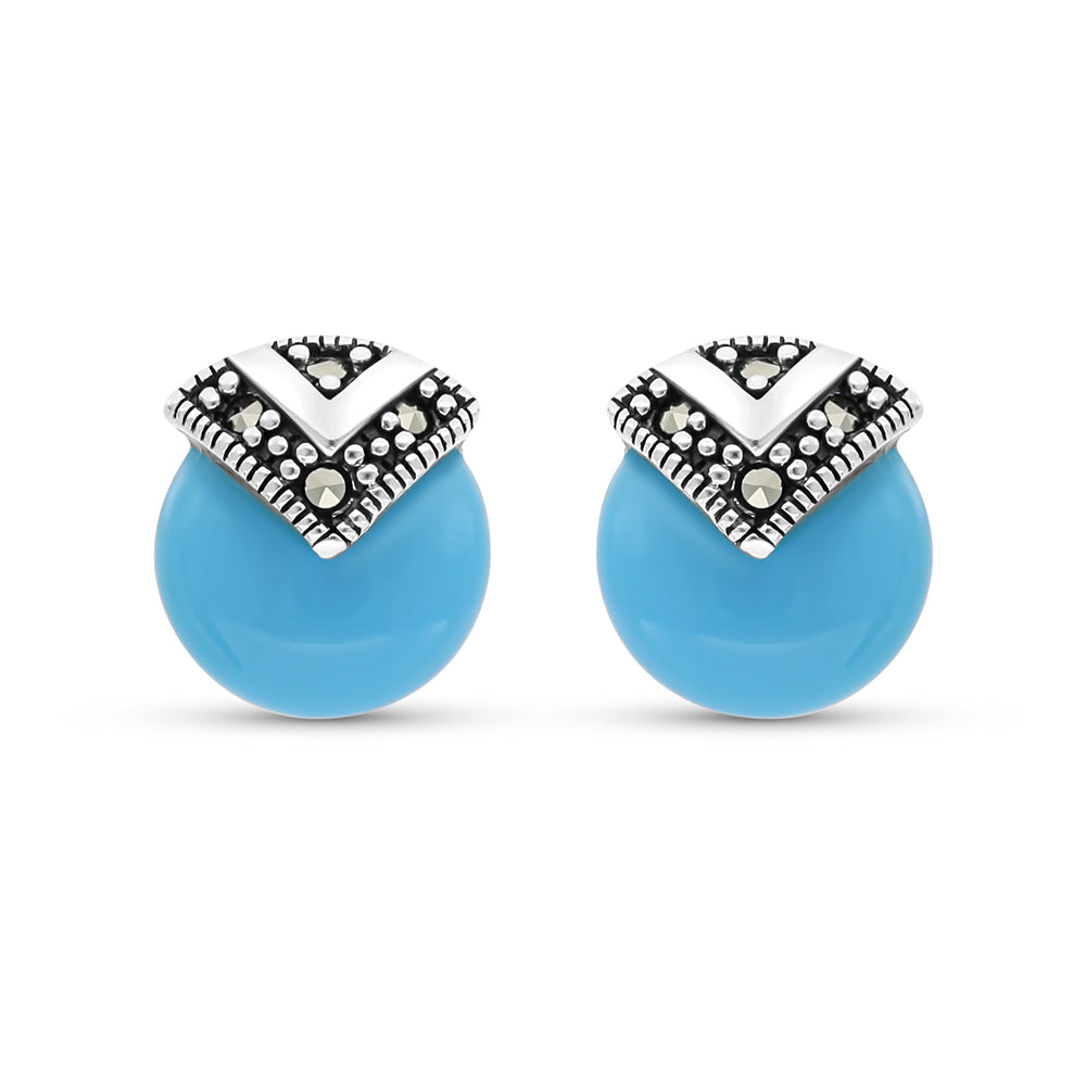 Sterling Silver 925 Earring Embedded With Natural Processed Turquoise And Marcasite Stones