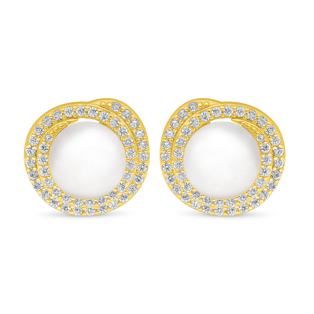 Sterling Silver 925 Earring Golden Plated Embedded With Natural White Pearl And White Zircon