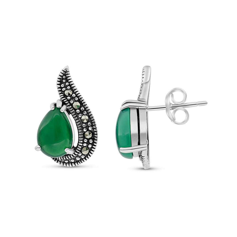 Sterling Silver 925 Earring Embedded With Natural Green Agate And Marcasite Stones