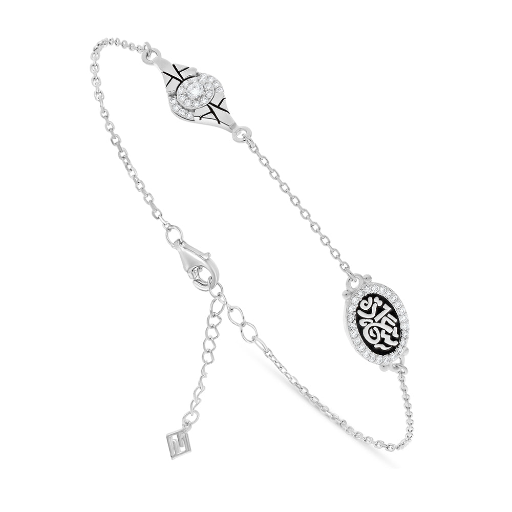 Sterling Silver 925 Bracelet Rhodium Plated Embedded With Black Enemal And White Zircon