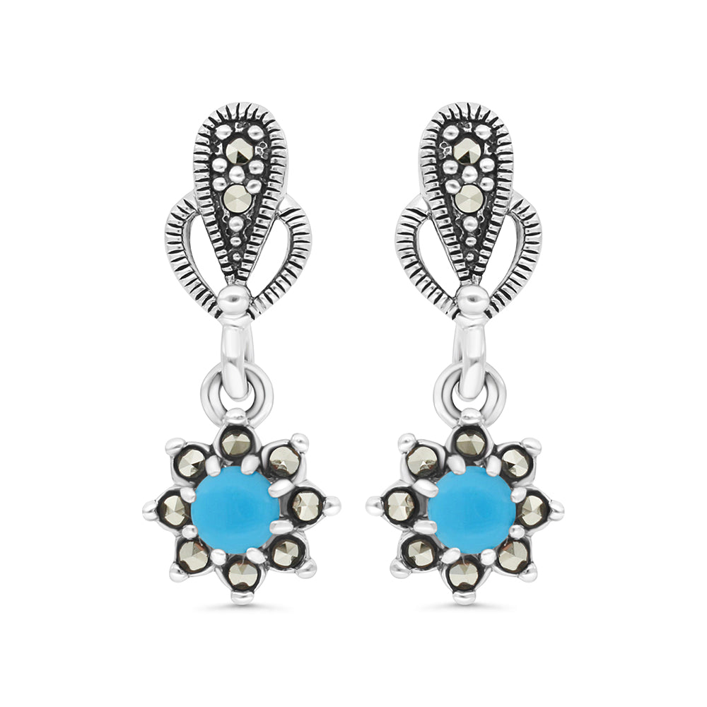Sterling Silver 925 Earring Embedded With Natural Processed Turquoise And Marcasite Stones
