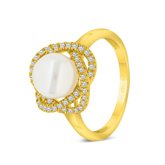 خاتم من الفضة الخالصة عيار 925 مطلي ذهبي مرصع لولو صدفي ابيض و فص ابيض